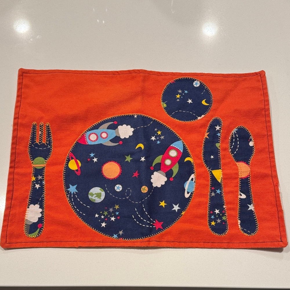 Kids Space Placemat Set - Orange with Navy Rocket Print